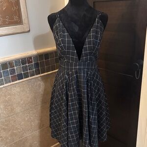 HYFVE Black Windowpane V-Neck Fit & Flare Mini Dress